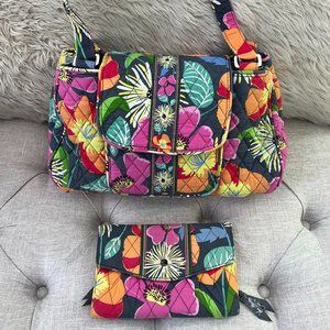 Vera Bradley Pink Floral Quilted Cottob Tote Purse Bag & Wallet Set AUTHENTIC